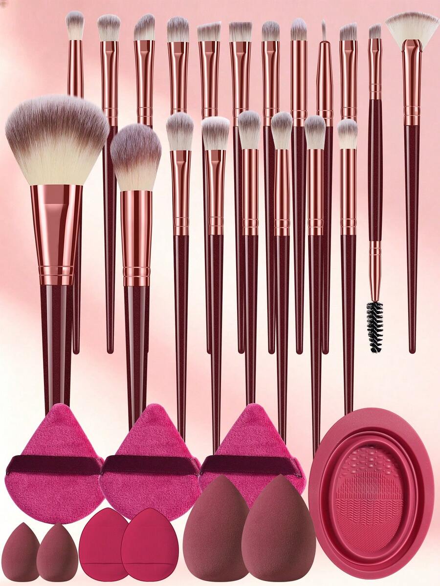 30pcs Premium Makeup Tool Set Including 20 Soft Fluffy Large And Small Makeup Brushes, Triangle Sponge Powder Puff, Mini Cushion Powder Puff And Makeup Brush Cleaning Tool, Practical Beauty Set - Burgundy - View 1