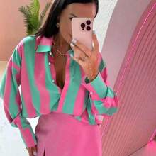Nana's Women's Clothing Store Camisa de mujer de poliéster con cuello, con botones delanteros, con un llamativo patrón de rayas, de manga larga, de longitud regular, color rosa para fiesta, vacaciones, boda, primavera - Morado - Ver 3