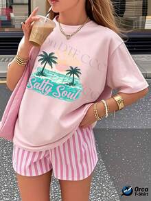 Camiseta casual de verano para mujer, camiseta de algodón puro personalizada y a la moda estilo y2k, top holgado de manga corta, elegancia urbana, transpirable para uso diario, ropa de verano con estampado creativo, regalo para deportes al aire libre, diseño con estampado de cocotero rosa, texto impreso "Salty Soul", estilo de vacaciones de verano. - Verde - Ver 8