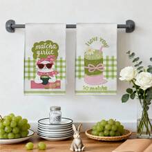 2PCS Healing Matcha Theme Cat Drink Print Microfiber Absorbent Kitchen Towels, 40*60cm Rectangular Dishcloth, Tablecloth, Hand Towel, Kitchen Decor, Neighbor Housewarming Gift, Kitchen Napkin And Dishcloth, Home Decor Gift - Green - View 8