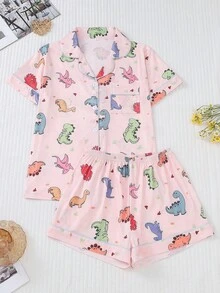 2pcs/Set Women's Pajama Set, Cute Dinosaur Family Print, Women's Loungewear, Spring/Summer Holiday Outfit, Short Sleeve Lapel Top And Shorts Wearable Set - Pink - View 1