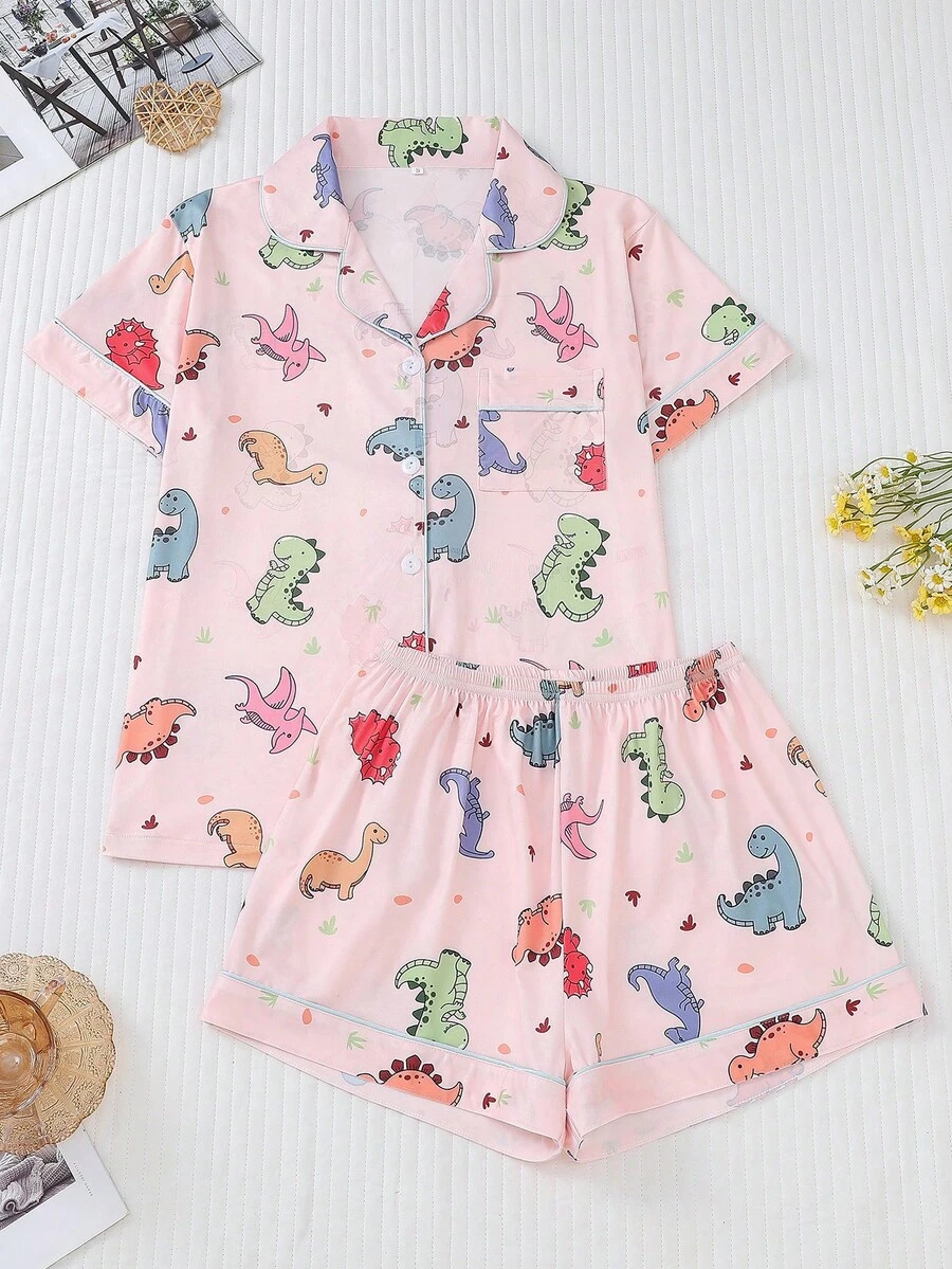 2pcs/Set Women's Pajama Set, Cute Dinosaur Family Print, Women's Loungewear, Spring/Summer Holiday Outfit, Short Sleeve Lapel Top And Shorts Wearable Set - Pink - View 1