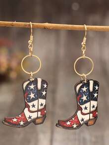 1 Pair Vintage American Independence Day Boots Print Stars & Stripes Wooden Patchwork Hollow Alloy Round Earrings - Multicolor - View 7