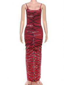 Vestido largo con espalda descubierta de gato extraño para mujer, sin mangas, estampado de leopardo, ropa Sexy ajustada para discoteca, Vestidos ajustados elásticos para vacaciones en la playa - Rojo - Ver 2