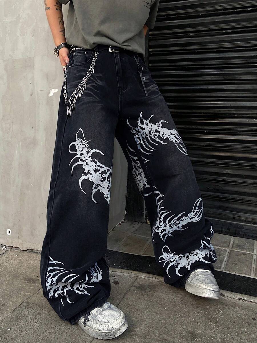 Hearty Haven 1pc American Street Style Printed Men's Denim Jeans Fashion Personalized Washed Cat Whisker Versatile Wide Leg Pants - No Belt And Accessories - Blue - View 1