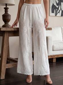 Vintage Bohemian Style Beach Cover-Up Pants, White Lace Trim Embroidered Pants, Suitable For Summer Beach And Travel - White - View 4
