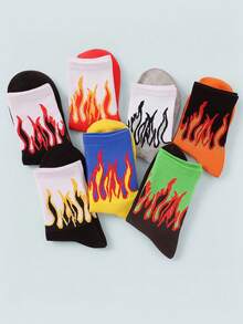 Modcrash 5 Pairs Unisex Colorblock Flame Pattern Mid-Calf Socks, Creative & Fashionable Sports Socks, Versatile For Daily Wear, All Seasons, Fall Socks - Multicolor - View 2