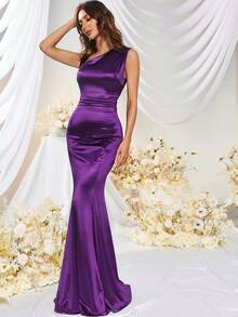MUXXN Vintage 1950s Asymmetric Neckline Mermaid Hem Satin Party Dress Wedding - Purple - View 5