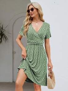 Womens Summer Dresses For Women 2026 Spring Floral Sundress Short Sleeve V Neck Wrap Dress With Pockets Festival Outfits Elegant Dress For Women Dress For Women - 04 鼠尾草綠花卉 - 查看 3