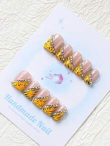 10PCS -Handmade Press On Nails, Square Shape, Fake Nails, Y2K Style, Sturdy Quality, Reusable, Pink, Matching French Style, 3D, Suitable For Daily Wear, Parties,Vacation, And Also The Best Holiday Gift For Girls And Women. - Yellow - View 2