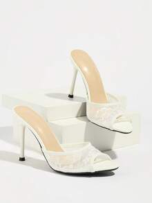 Women's High Heel Sandals, Lace Mesh, Spring/Summer Elegant Style, Unique Pattern, Wide Strap, Peep Toe, Mule Slippers, High-End Mirror Finish, Soft Skin-Friendly Texture, Noble, Professional, Romantic, White, Nightclub, Party, Runway, Wedding, Date, Travel, Vacation, Valentine's Day Gift, Mother's Day, Women's Day, Thanksgiving, Spring Festival, New Year Women's Shoes - White - View 6