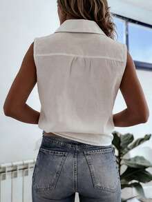 Women's Sleeveless Hollow Embroidered Woven Shirt, Refreshing White V-Neck Blouse, Perfect For Casual Outings Summer - White - View 4