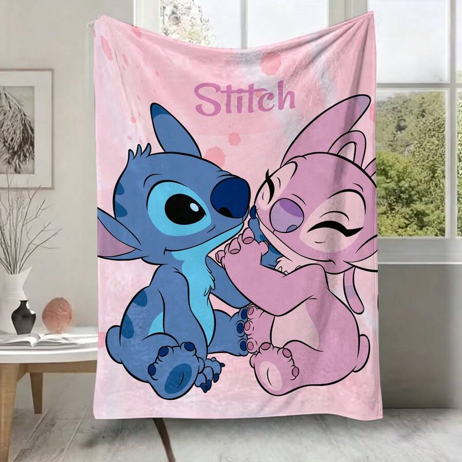 Manta de franela Disney Lilo & Stitch "Stitch & Angel Love", manta de felpa suave y acogedora con fondo de acuarela rosa, adecuada para sofá, cama, sala de estar, dormitorio, oficina, viajes, todas las estaciones - color 1 - Ver 1