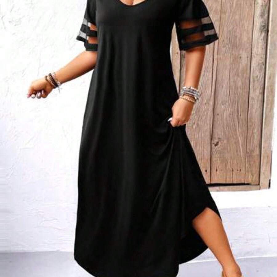 dahkjdgajy Vestido maxi de mujer de talla grande con hombros descubiertos y mangas cortas - Negro01 - Ver 1