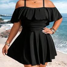 dahkjdgajy Swim Lushoire Parte superior de tankini de vacaciones con volantes en los hombros para mujer de talla grande, de unicolor - Burdeos - Ver 4