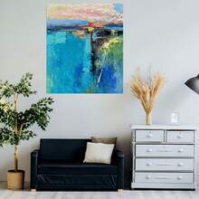 Pintura al óleo abstracta azul plana 2D pintada a mano para pared - Sin marco, moderna y minimalista, adecuada para decoración nórdica y Wabi-Sabi, pincelada abstracta retro para sobremesa o colgante para sala de estar, dormitorio, entrada - Decorativa - Enmarcado - Ver 5