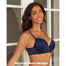 Push Up Bras For Women Add 2 Cups Sexy Lace Cleavage Extra Padded Plunge Bra Underwire - 藏蓝色 - 查看 3