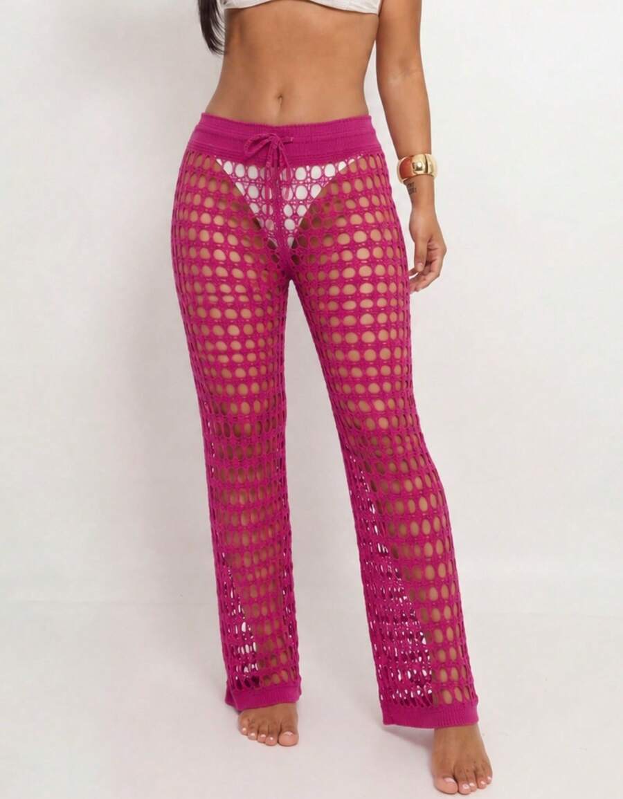 Knitted Beach Cover-Up Pants With Elastic Tie-Up Fishnet - Rose Red - View 1