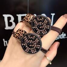 3pcs Girls' Simple Leopard Print Square & Round Buckle Rhinestone Knot Hair Ties, Exquisite Ponytail Hair Bands - Black - View 3