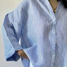 Camisa de mujer de manga larga con hombros caídos, diseño de botones frontales, longitud regular, tela no elástica, estilo primavera - Azul - Ver 4