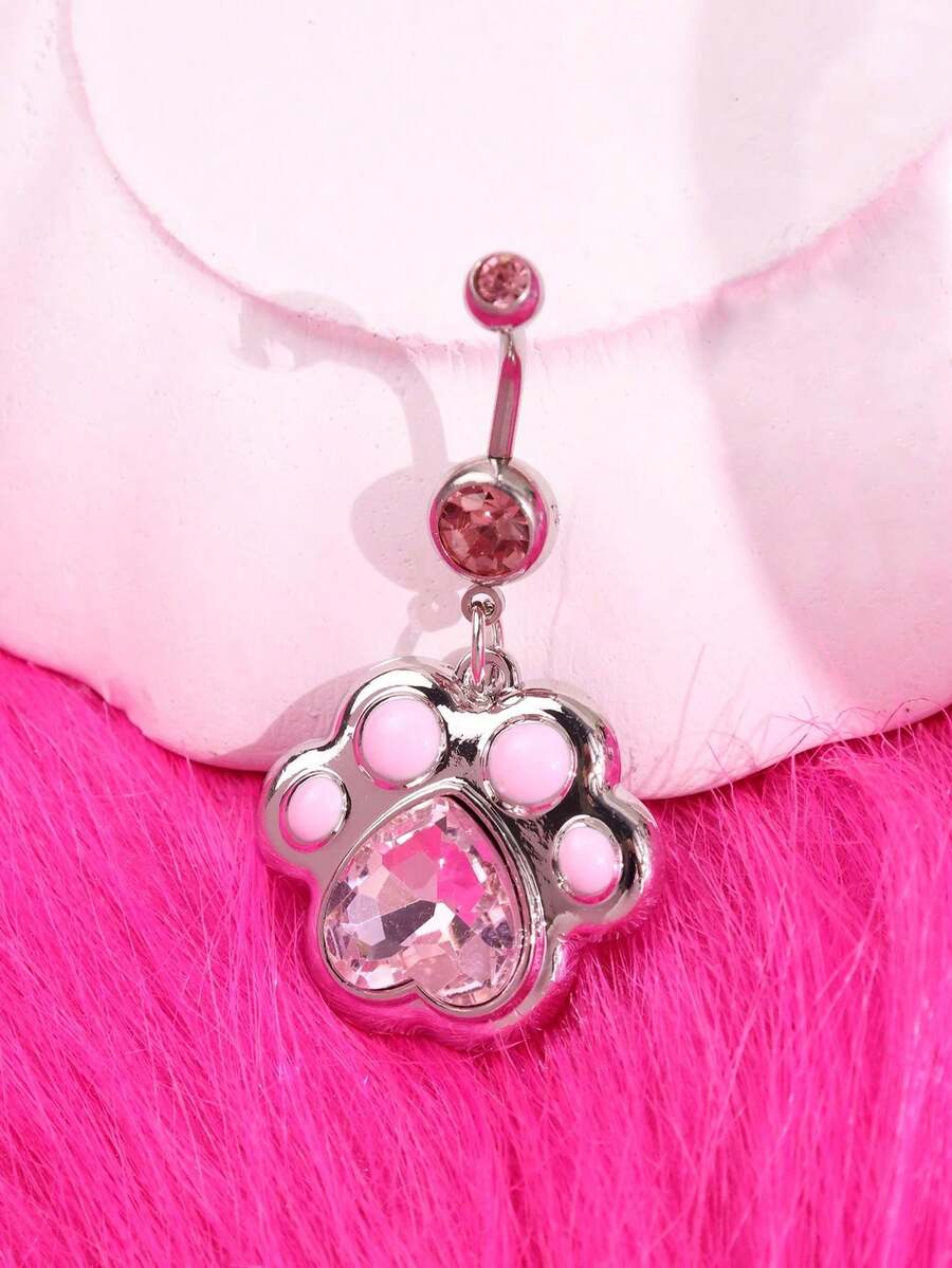 Large Pink Cute Cat Paw Pendant Belly Button Ring, Y2K Creative Cartoon Body Piercing, Personalized Exaggerated Women's Jewelry - Multicolor - View 1