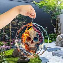 1pc Gorgeous Skull Print Metal 3D Rotating Wind Chime With 360° Rotating Hook, Creates Strong Dynamic Artistic Effect, Perfect For Decorating Yard, Balcony And Lawn, Unique Design Makes It An Ideal Gift For Friends And Family, Teacher Appreciation Gift, Perfect For Thanksgiving, Christmas, Halloween And Housewarming Gift, Halloween Decorations, Elearan (9.84in*9.84in) (Pendant Not Included), Random Style - A - View 8