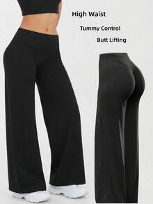 Women's Spring And Summer High Waisted Sports And Leisure Yoga Outdoor Wide Leg Pants, High Waisted Design, Loose Hanging, Daily Slimming, Versatile Solid Color, Suitable For Outdoor Sports, Fitness Yoga, Commuting, And Street Wear - 黑色 - 查看 1