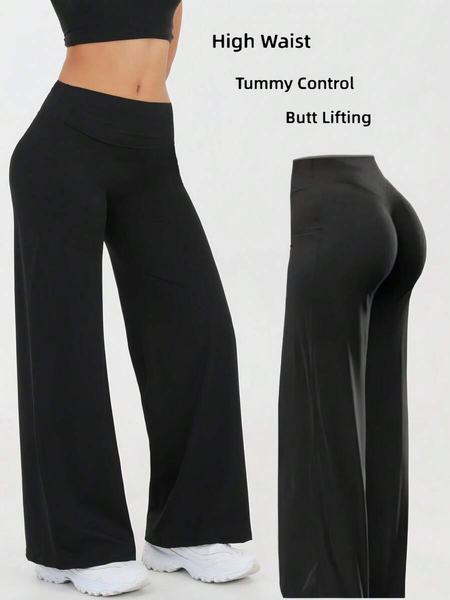 Women's Spring And Summer High Waisted Sports And Leisure Yoga Outdoor Wide Leg Pants, High Waisted Design, Loose Hanging, Daily Slimming, Versatile Solid Color, Suitable For Outdoor Sports, Fitness Yoga, Commuting, And Street Wear - 黑色 - 查看 1