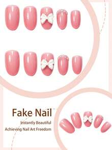 24er Set romantische elegante weiße Perlen-Schleife rosa vollflächige Press-On-Nägel, elegantes künstliches Nagelset für Frauen und Mädchen, geeignet für Party, Büro und täglichen Gebrauch, inklusive 1 Klebeblatt, 1 Mini-Nagelfeile, Gelee-Kleber wird zufällig geliefert - Wassermelonenrosa - Übersicht 3