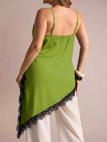 Plus Size Women's Urban Casual Lace Split Asymmetric Hem V-Neck Patchwork Solid Color Camisole Camisole - Green - View 3