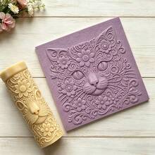 1pc Flower Cat Head Texture Roller - Plastic Clay Embossing Tool, Suitable For Soft Ceramics, Coasters, And DIY Jewelry Making, Featuring High Detail Feline Animal Patterns, Suitable For Crafts And Handmade Seals, It Is A Gift For Cat Enthusiasts - Apricot - View 5