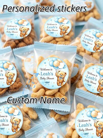 24 pezzi/48 pezzi/120 pezzi Adesivi personalizzati con nome per festa di nascità, etichette di benvenuto con orsetto personalizzate, bellissimi adesivi rotondi impermeabili di colore azzurro chiaro, adatti per sacchetti regalo, bottiglie d'acqua e bomboniere, adesivi con foto, adesivi personalizzati, adatti per compleanni, matrimoni, inaugurazioni e altre occasioni, altamente decorativi, raffinati e alla moda, di alta qualità, colori ricchi, supporto personalizzazione, personalizzati, unici, regalo ideale per lui e scelta perfetta per lei
