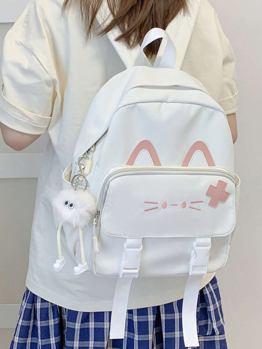 1pc Girls Cute Kitten Nylon Zipper Closure Backpack Student School Bag Suitable For All Seasons Daily Use Without Pendant