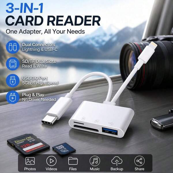 Compatible With Iphone SD/TF/USB Card Reader, Digital Camera Adapter, Compatible With IPhone Lightning And USB C Dual Interface, With SD/Micro SD/USB-A Triple Slots Camera Storage Card Viewer, Plug And Play Without App