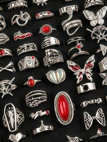 10/20pcs/Set Vintage Punk Gothic Style Unisex Rings, Big Eye Heart Shape Design, Holiday Party Gift For Friends, Daily Wear Jewelry - Red Butterfly Spider Punk Style Pink Ring Mixed - View 6