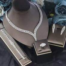 Middle East Foreign Trade Jewelry White Necklace Earrings Ring Bracelet 4pcs Set Copper Zirconia V-Shaped Wheat Ear Design Jewelry Tassel Style Set Suitable For Women Daily Party Evening Banquet Bridal Wear Bridal Jewelry Set - White - View 1