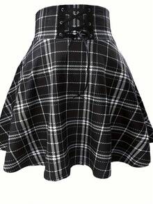 Nueva Falda de Talle Alto con Cordones y Estampado de Cuadros, Versátil y Esponjosa de Línea A - [Blanco] - Ver 11
