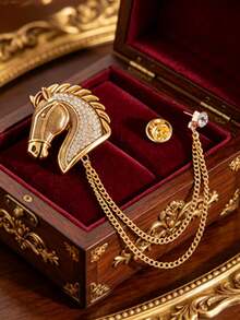 1 Peça Broche Vintage de Cabeça de Cavalo com Corrente Dupla, Alfinete de Lapela Ocidental de Luxo para Homens, Acessório para Todas as Estações para Negócios, Uso Diário, Festa & Presentes de Aniversário de Feriado - Cabeça de cavalo dourada com corrente - Visão 2