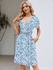 Womens Summer Dresses For Women 2026 Spring Floral Sundress Short Sleeve V Neck Wrap Dress With Pockets Festival Outfits Elegant Dress For Women Dress For Women - 09 藍白花卉 - 查看 4