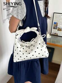 Fashion Polka Dot Handbag, Women's Multifunctional Shoulder Crossbody Bag, Vintage Bow Decor Drawstring Half Moon Bag - White - View 11
