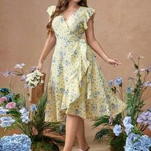dahkjdgajy Roveilla Vestido de tejido con ajuste de cintura y vuelo, con mangas con volantes y estampado floral diminuto - Azul - Ver 9