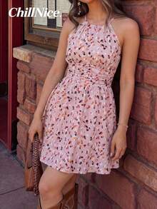 Vestido midi con volantes estampado en marrón - Vestido de mujer con pliegues y adornos en capas, de tela cómoda de mezcla de algodón, adecuado para uso diario, fiestas de jardín y vacaciones en la ciudad, temporada de primavera - Rosa - Ver 1