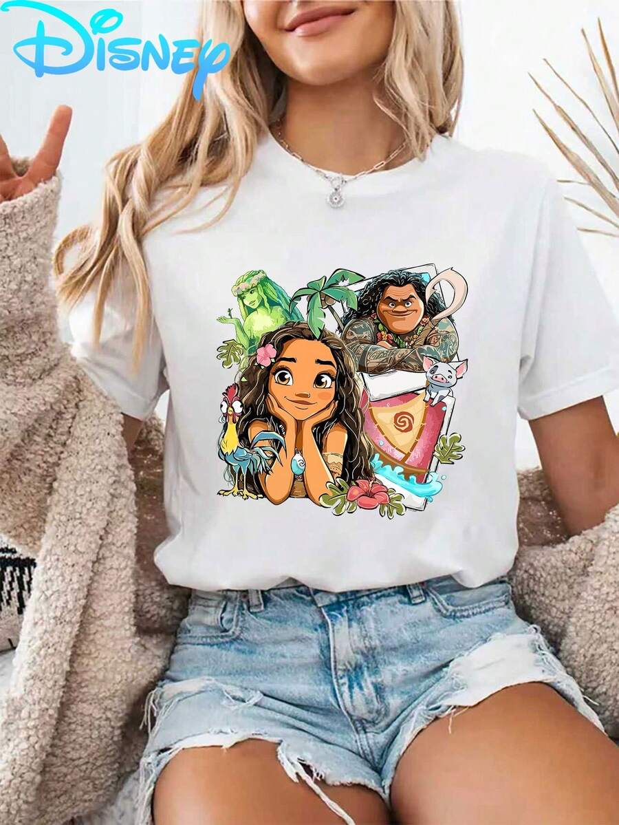 Disney-Licensed Disney Moana Maui Family Portrait Island-Style T-Shirt, Classic Cartoon Short-Sleeve Shirt, Summer Fashion For Women, Casual, Comfortable, Soft, Suitable For Daily Outdoor Wear, Breathable Short-Sleeve T-Shirt With A Round Neckline. - 白色 - 查看 1