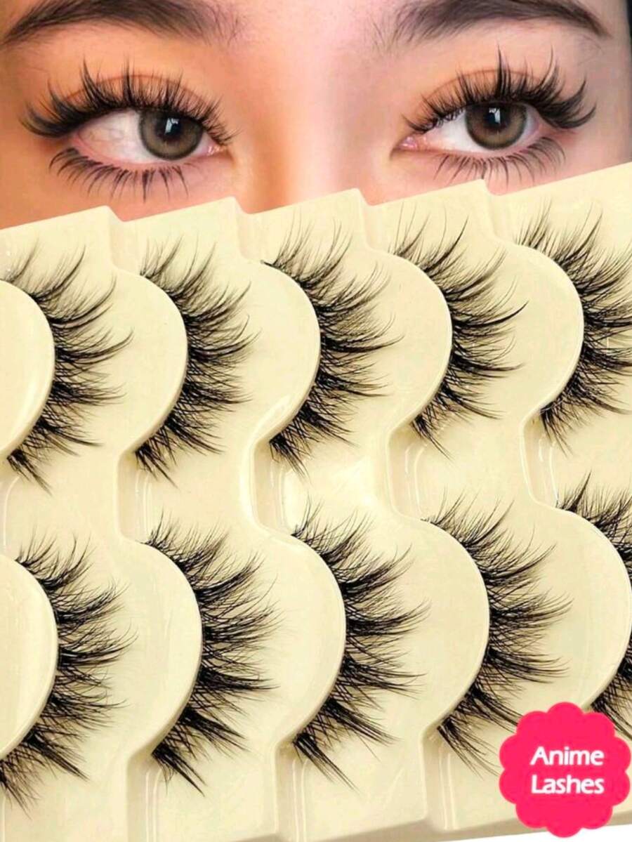 New Natural 5 Pairs Doll-Like False Eyelashes Transparent Stem Cartoon Lashes, Fairy-Style Design, Soft, High Quality Perfect For Daily, Wedding, Travel, Cosplay Reusable - Black - View 1
