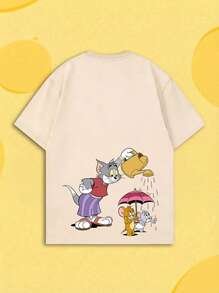 SHEIN X Tom & Jerry 夏季女款短袖T恤，女孩約會、街拍、夏季購物、校園出遊、度假休閒休閒風 - 杏色 - 查看 1