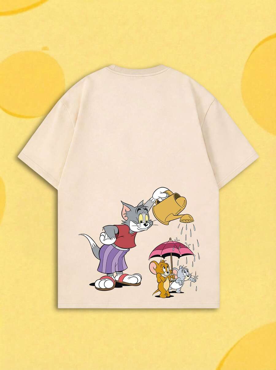 SHEIN X Tom & Jerry 夏季女款短袖T恤,女孩約會、街拍、夏季購物、校園出遊、度假休閒休閒風 - 杏色 - 查看 1