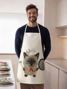 1 pieza, Delantal de poliéster con patrón de gato chef de dibujos animados, adecuado para cocinar, hornear y jardinería - se puede usar como atuendo para la cocina y el comedor. - Multicolor - Ver 8
