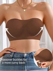 Sutien bandeau fără cusături, fără bretele și fără sârmă pentru femei, top tub cu bretele încrucișate, deschis pe lateral și închidere cu cârlig, cu pernuțe, lenjerie intimă zilnică respirabilă și confortabilă - cafea maro - Vizualizare 7