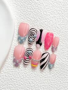 10pcs/Set Ongles à presser style Y2K faits main, décorations d'art des ongles en spirale, imprimé léopard et boule 3D, vernis à ongles bleu, violet, rose et noir, style décontracté, avec outils à ongles (1 pièce autocollant gelée + 1 pièce lime à ongles), 3 tailles disponibles, forme amande, canard, cercueil, convient pour fête, quotidien, fête, photographie, printemps/été - Multicolore - Voir 12