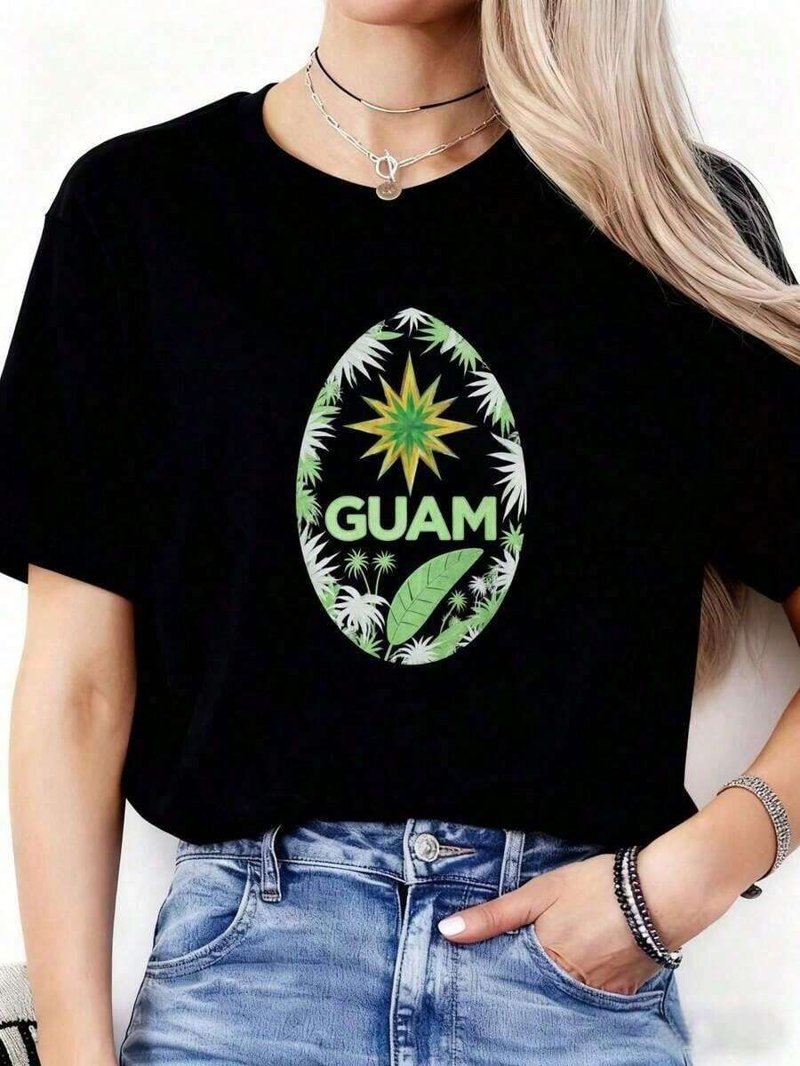 Printed Cotton Crew Neck T-Shirt | Minimalist Women's Summer Vacation T-Shirt | Black T-Shirt Printed With Oval Shapes Outlined In Green, Yellow Stars, The Word GUAM, And Tropical Plants (Palm Leaves, Flowers), Combined With A Multi-Layered Necklace - Perfect For Summer Beaches, Island Vacations, And Everyday Wear - Blue Denim Jacket. High-End Solid Color Loose T-Shirt For Women 100% Cotton - 黑色 - 查看 1